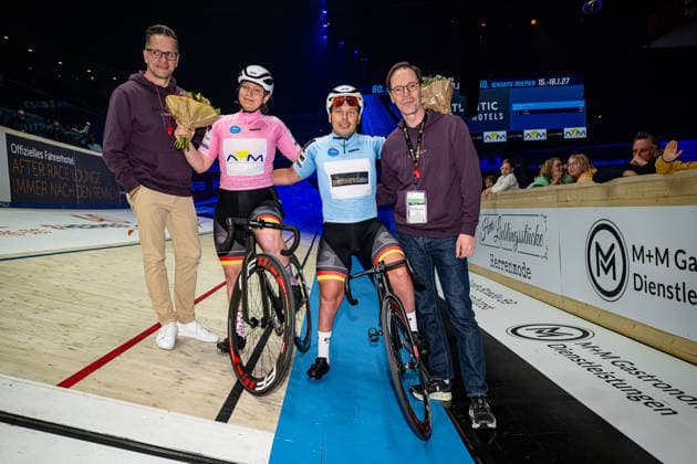 QUELLHORST MarieSENSKA Pierre Sixdays Bremen 2026 Team 4 QUELLHORST Marie GER Team 1 SENSKA Pierre GER Award Ceremony Medal Ceremony Podium Landscape horizontal Landscape Event Event Sixdays Bremen 2026 Category Category Cycling Track Cycling Sixdays Elite Location Location Europe Germany Bremen ÖVB Arena Discipline Distance m Date Date 10 01 2026 Saturday Day 2