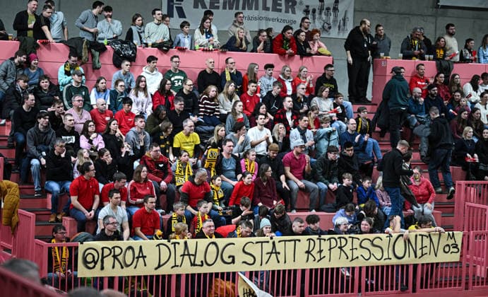 Basketball 2 Bundesliga 2024 2025 17 Matchday 10 01 2026 Tigers Tuebingen Phoenix Hagen The Tigers fans protest with a banner, Pro A dialog instead of repression and staying away in the fan block against the sanctions, suspensions and fines of the league against some Tigers fan club members for their behavior at the away game in Karlsruhe