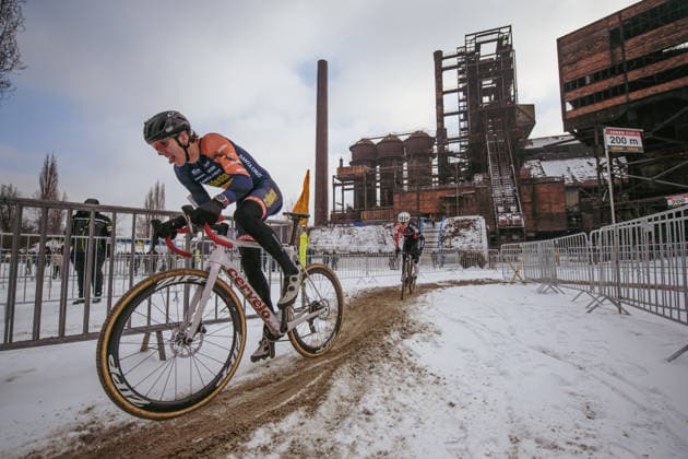 Czech cyclocross national championships, cyclocross, men elite, Krystof Bazant in front of Vaclav Jezek, on January 10, 2026, Ostrava, Czechia. (CTKxPhoto JanxBrychta) CTKPhotoF202601100021601  CTKPhotoF202601100021601