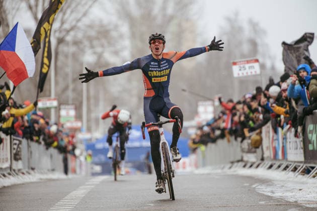 Czech cyclocross national championships, cyclocross, men elite, Krystof Bazant wins in front of Vaclav Jezek, on January 10, 2026, Ostrava, Czechia. (CTKxPhoto JanxBrychta) CTKPhotoF202601100022501  CTKPhotoF202601100022501