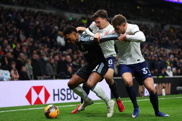 10th January 2026; Tottenham Hotspur Stadium, London, England; FA Cup Football, Tottenham Hotspur versus Aston Villa; Ollie Watkins of Aston Villa under pressure from Micky van de Ven and Joao Palhinha of Tottenham Hotspur  JohnxPatrickxFletcher