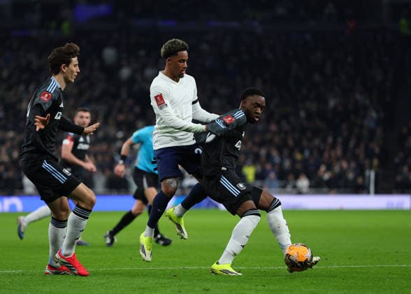 10th January 2026; Tottenham Hotspur Stadium, London, England; FA Cup Football, Tottenham Hotspur versus Aston Villa; Wilson Odobert of Tottenham Hotspur challenges Lamare Bogarde of Aston Villa  JohnxPatrickxFletcher