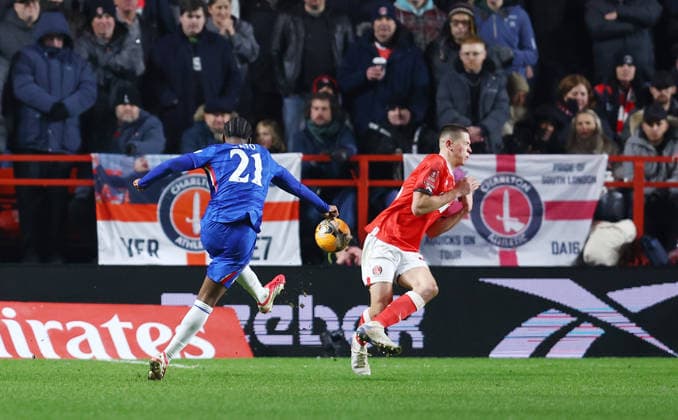 London, England, 10th January 2026. Jorrel Hato of Chelsea scores the first goal during the Charlton Athletic vs Chelsea FA Cup match at The Valley, London. Picture credit should read: Paul Terry Sportimage EDITORIAL USE ONLY. No use with unauthorised audio, video, data, fixture lists, club league logos or live services. Online in-match use limited to 120 images, no video emulation. No use in betting, games or single club league player publications. SPI_041_PT_Charlton_Chelsea SPI-4443-0041