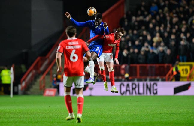 Charlton Athletic v Chelsea, London, UK - 10 Jan 2026 Benoit Badiashile of Chelsea wins the header from Sonny Carey of Charlton Athletic during the Emirates FA Cup match Third Round between Charlton Athletic and Chelsea on 10 January 2026 at The Valley, London - Charlton The Valley London England Copyright: xAlanxStanford PPAUKx PPA-239876