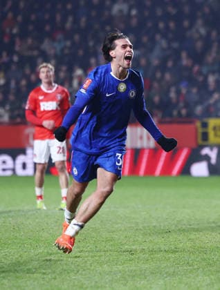 London, England, 10th January 2026. Marc Guiu of Chelsea celebrates scoring their third goal during the Charlton Athletic vs Chelsea FA Cup match at The Valley, London. Picture credit should read: Paul Terry Sportimage EDITORIAL USE ONLY. No use with unauthorised audio, video, data, fixture lists, club league logos or live services. Online in-match use limited to 120 images, no video emulation. No use in betting, games or single club league player publications. SPI_066_PT_Charlton_Chelsea SPI-4443-0065