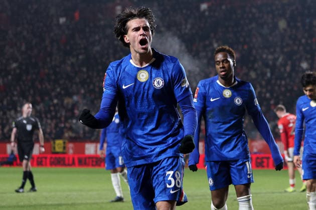 10th January 2026; The Valley, Charlton, London, England: FA Cup Football, Charlton versus Chelsea; Marc Guiu of Chelsea celebrates scoring his sides 3rd goal of the match in the 62th minute for 1-3  HenningxvonxJagow Content restricted for UK based newspaper