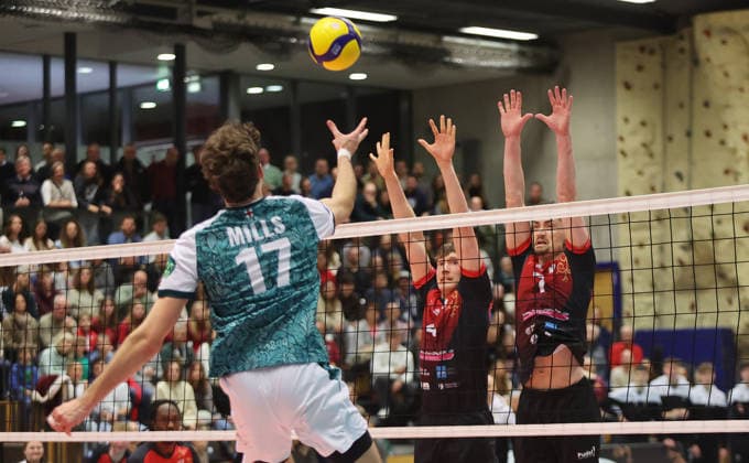 Ludwigsburg , Volleyball Bundesliga , Barock Volleys MTV Ludwigsburg vs FT 1844 Freiburg , from left Brendan Mills Frei Darius Diefenbach Tim Köpfli Ludwigsburg