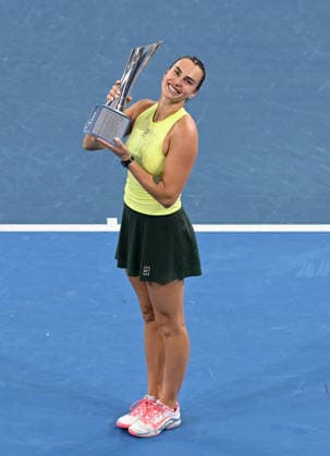 TENNIS BRISBANE INTERNATIONAL, Aryna Sabalenka of Belarus celebrates after winning the Women™s Singles final against Marta Kostyuk of Ukraine at the Brisbane International tennis tournament at Pat Rafter Arena in Brisbane, Sunday, January 11, 2026. ( NO ARCHIVING, EDITORIAL USE ONLY BRISBANE QUEENSLAND AUSTRALIA  Copyright: xDAVExHUNTx 20260111186663825363