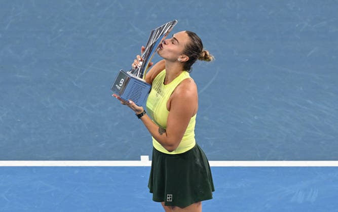 TENNIS BRISBANE INTERNATIONAL, Aryna Sabalenka of Belarus celebrates after winning the Women™s Singles final against Marta Kostyuk of Ukraine at the Brisbane International tennis tournament at Pat Rafter Arena in Brisbane, Sunday, January 11, 2026. ( NO ARCHIVING, EDITORIAL USE ONLY BRISBANE QUEENSLAND AUSTRALIA  Copyright: xDAVExHUNTx 20260111143355083821