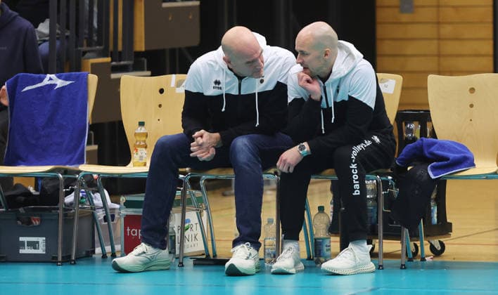 Ludwigsburg , Volleyball Bundesliga , Barock Volleys MTV Ludwigsburg vs FT 1844 Freiburg , from left Michael Dornheim Hasse Mattila Ludwigsburg