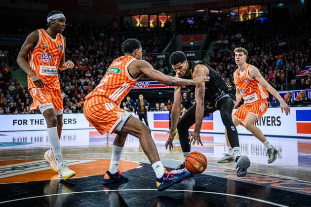 Neu Ulm, Germany, 10 01 26 Mohamed Diakite ratiopharm ulm , Justin Simon ratiopharm ulm , David Nguessan Basketball Loewen Braunschweig and Tobias Jensen ratiopharm ulm in a duel during the Basketball Bundesliga match between ratiopharm ulm vs Basketball Loewen Braunschweig at ratiopharm Arena on January 10, 2026 in Neu Ulm, Germany Photo by Harry Langer DeFodi Images ratiopharm Arena, Germany, 10 01 26 Mohamed Diakite ratiopharm ulm , Justin Simon ratiopharm ulm , David Nguessan Basketball Loewen Braunschweig and Tobias Jensen ratiopharm ulm battle for the ball during the Basketball Bundesliga match between ratiopharm ulm vs Basketball Loewen Braunschweig at Neu Ulm on January 10, 2026 in ratiopharm Arena, Germany Photo by Harry Langer DeFodi Images Photo by Harry Langer DeFodi Images