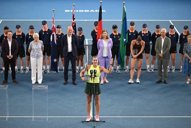 TENNIS BRISBANE INTERNATIONAL, Aryna Sabalenka of Belarus gestures during the presentation after winning the Women™s Singles final against Marta Kostyuk of Ukraine at the Brisbane International tennis tournament at Pat Rafter Arena in Brisbane, Sunday, January 11, 2026. ( NO ARCHIVING, EDITORIAL USE ONLY BRISBANE QUEENSLAND AUSTRALIA  Copyright: xDAVExHUNTx 20260111199916077620