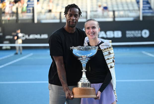GaÃ«l Monfils and his wife Ukraine™s Elina Svitolina pose for a photo with the winning trophy after her singles final at the ASB Classic Women™s WTA250 tennis tournament at Manuka Doctor Arena, Auckland,New Zealand. Sunday 11 January 2026. Photo: Andrew Cornaga z Auckland New Zealand Copyright: xAndrewxCornaga x