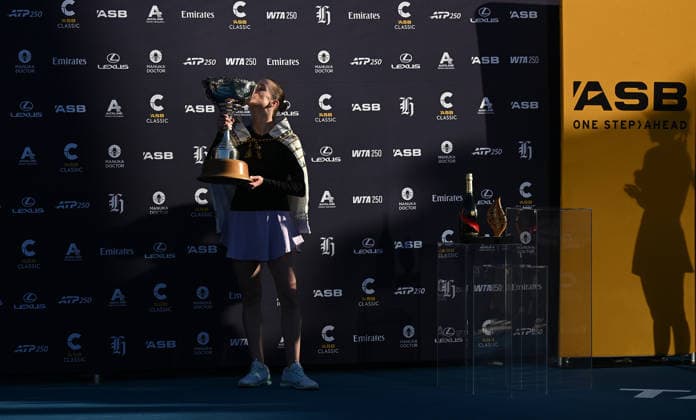 Ukraine™s Elina Svitolina celebrates winning the singles final at the ASB Classic Women™s WTA250 tennis tournament at Manuka Doctor Arena, Auckland,New Zealand. Sunday 11 January 2026. Photo: Andrew Cornaga z Auckland New Zealand Copyright: xAndrewxCornaga x