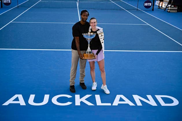 Elina Svitolina (UKR) poses her husband Gael Monfils and the trophy after winning the women s single final match of the ASB Classic Women™s WTA250 tennis tournament at Manuka Doctor Arena, Auckland, New Zealand on Sunday 11 January 2026. Photo credit: Alan Lee Auckland New Zealand Copyright: xAlanxLeex xx