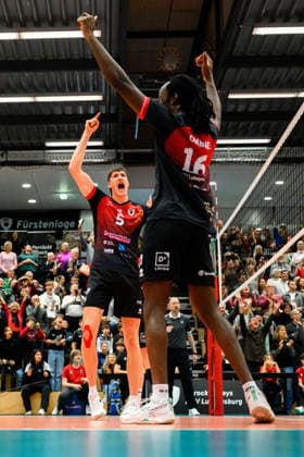 Ludwigsburg 1 BLM 25 26 MTV Ludwigsburg FT 1844 Freiburg Jan Huber Ludwigsburg , Nyherowo Omene Ludwigsburg Jubel Freude Emotion Ludwigsburg Innenstadtsporthalle Baden Württemberg Germany