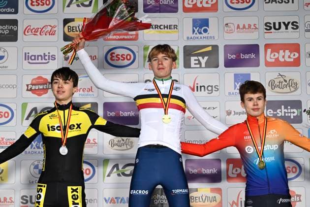 Belgian Championships 2026 Beringen BERINGEN, BELGIUM - JANUARY 11 : Overmeire Floris, Becqué Mats and Mathieux Jules pictured during the podium ceremony of the Beringen Belgian Championships 2026 a cyclocross race for Men U17, U 17 (first year) on January 11, 2026 in Beringen, Belgium, 11 01 2026 ( Beringen Belgium  Copyright: xNicoxVereeckenx