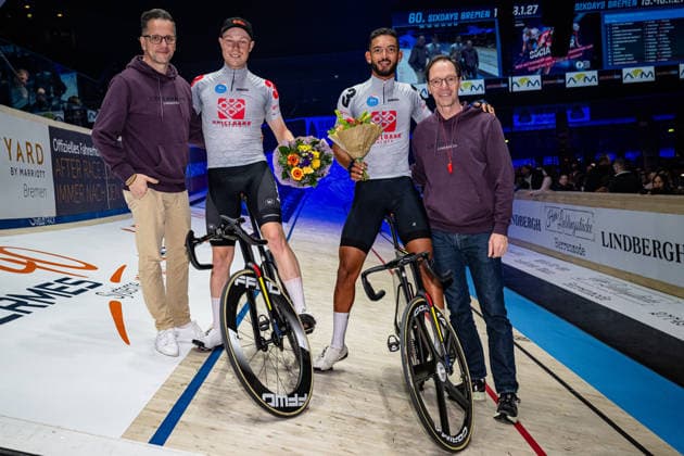 GRODIN Donovan, BERNARD Thibaut Sixdays Bremen 2026 Team 3 SPIELBANK BREMEN GRODIN Donovan FRA Black BERNARD Thibaut BEL Red Award Ceremony Medal Ceremony Podium Landscape horizontal Landscape Event Event Sixdays Bremen 2026 Category Category Cycling Track Cycling Sixdays Elite Men Location Location Europe Germany Bremen ÖVB Arena Discipline Madison Distance m Date Date 10 01 2026 Saturday Day 2