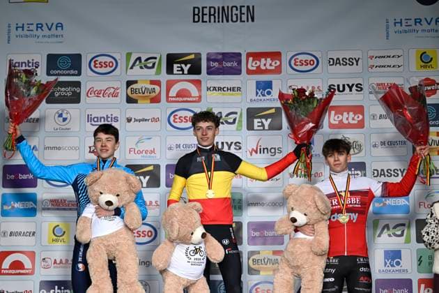 Belgian Championships 2026 Beringen BERINGEN, BELGIUM - JANUARY 11 : Vanhaverbeke Tijl, Peers Lars and Tielens Mathiz pictured during the podium ceremony of the Beringen Belgian Championships 2026 a cyclocross race for Men U17, U 17 (second year) on January 11, 2026 in Beringen, Belgium, 11 01 2026 ( Beringen Belgium  Copyright: xNicoxVereeckenx