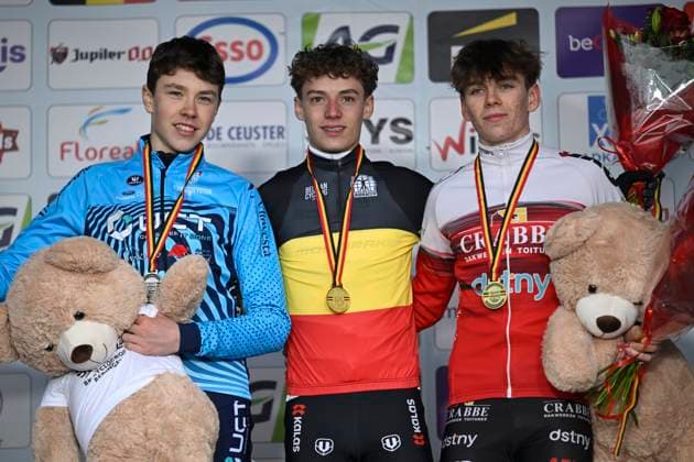 Belgian Championships 2026 Beringen BERINGEN, BELGIUM - JANUARY 11 : Vanhaverbeke Tijl, Peers Lars and Tielens Mathiz pictured during the podium ceremony of the Beringen Belgian Championships 2026 a cyclocross race for Men U17, U 17 (second year) on January 11, 2026 in Beringen, Belgium, 11 01 2026 ( Beringen Belgium  Copyright: xNicoxVereeckenx