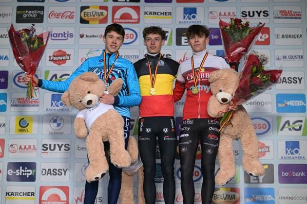 Belgian Tijl Vanhaverbeke, Belgian Lars Peers and Belgian Mathiz Tielens pictured on the podium after the Novices second year men race at the Belgian Cyclocross Championships in Beringen on Sunday 11 January 2026. DAVIDxPINTENS  x155119758x