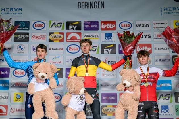 Belgian Tijl Vanhaverbeke, Belgian Lars Peers and Belgian Mathiz Tielens pictured on the podium after the Novices second year men race at the Belgian Cyclocross Championships in Beringen on Sunday 11 January 2026. DAVIDxPINTENS  x155123846x