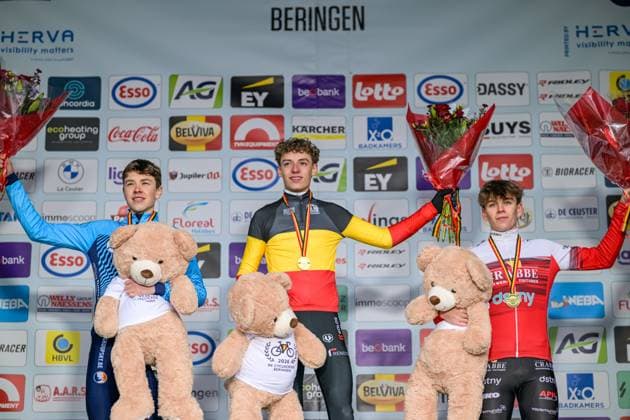 Belgian Tijl Vanhaverbeke, Belgian Lars Peers and Belgian Mathiz Tielens pictured on the podium after the Novices second year men race at the Belgian Cyclocross Championships in Beringen on Sunday 11 January 2026. DAVIDxPINTENS  x155124754x