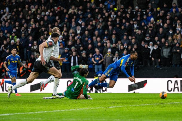 11th January 2026; Pride Park, Derby, Derbyshire, England; FA Cup Football, Derby County versus Leeds United; Jacob Widell Zetterstrom of Derby County fouls Lukas Nmecha of Leeds United and concedes a penalty  GodfreyxPitt Content restricted for UK based newspaper