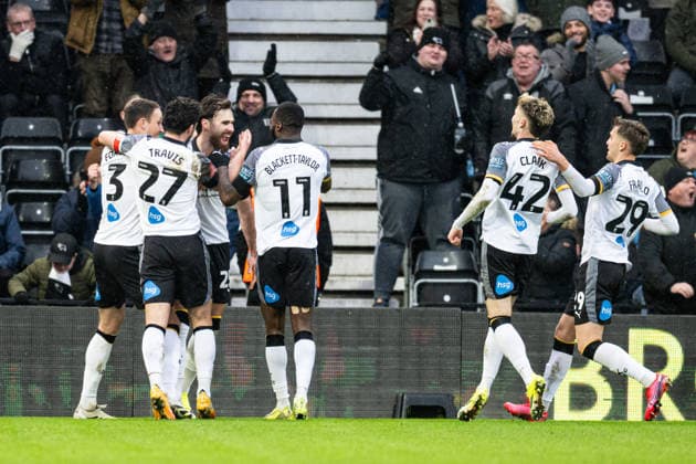 11th January 2026; Pride Park, Derby, Derbyshire, England; FA Cup Football, Derby County versus Leeds United; Ben Brereton Diaz of Derby County celebrates with his team after scoring in the 36th minute to make the score 1-0  GodfreyxPitt Content restricted for UK based newspaper