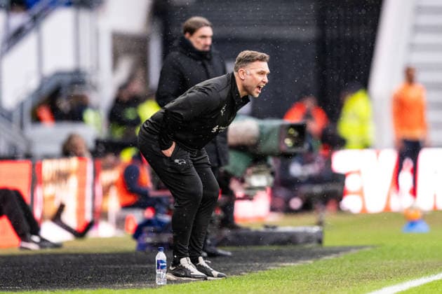 11th January 2026; Pride Park, Derby, Derbyshire, England; FA Cup Football, Derby County versus Leeds United; Derby County Head Coach John Eustace shouts instructions to his team  GodfreyxPitt Content restricted for UK based newspaper