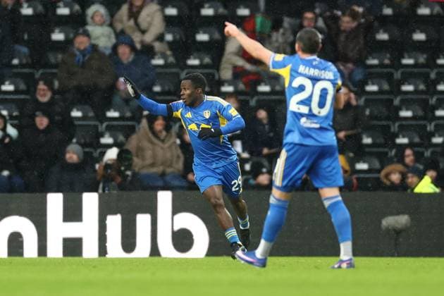 Wilfried Gnonto of Leeds United scores a goal and celebrates 1-1. Derby County v Leeds United, Emirates FA Cup, Third Round, Football, Pride Park, Derby, UK - 11 Jan 2026Derby Pride Park United Kingdom EDITORIAL USE ONLY No use with unauthorised audio, video, data, fixture lists, club league logos or live services. Online in-match use limited to 120 images, no video emulation. No use in betting, games or single club league player publications. Copyright: xRyanxBrowne Shutterstockx 16246331ao