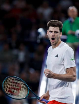 (260111) -- SYDNEY, Jan. 11, 2026 -- Hubert Hurkacz of Team Poland celebrates during the men s singles match against Stan Wawrinka of Team Switzerland at the 2026 United Cup tennis tournament final in Sydney, Australia, Jan. 11, 2026. ) (SP)AUSTRALIA-SYDNEY-TENNIS-UNITED CUP-FINAL-POL VS SUI MaxPing 