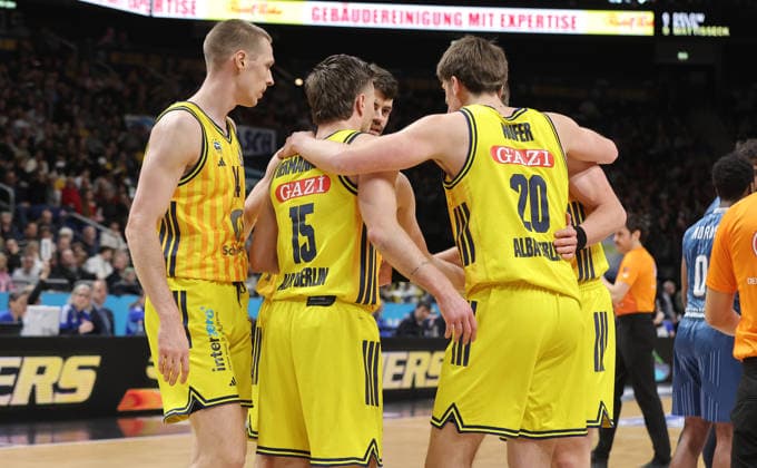 Martynas Echodas, Malte Delow, Jonas Mattisseck, Anton Nufer Sport Basketball BBL Bundesliga Men 15 Matchday Season 2025 2026 11 01 2026 ALBA Berlin vs MLP Academics Heidelberg