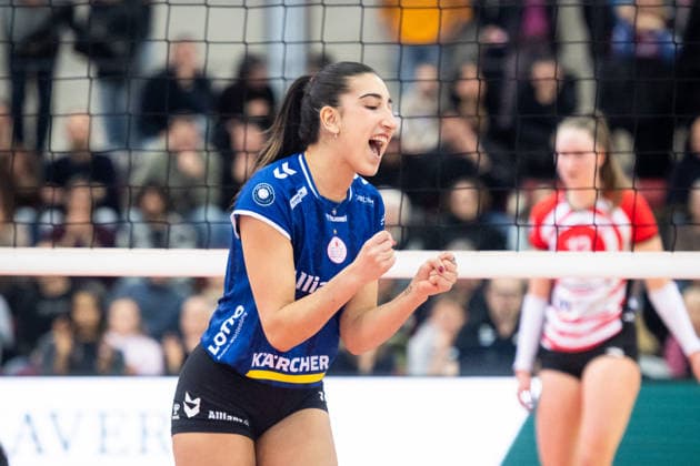 Julia De Paula Allianz MTV Stuttgart, 17 Jubel, Freude, Jubelschrei GER, Allianz MTV Stuttgart ETV Hamburger Volksbank Volleys, Volleyball Bundesliga, VBL, Spielzeit 2025 2026, 11 01 2026 GER, Allianz MTV Stuttgart ETV Hamburger Volksbank Volleys, Volleyball Bundesliga, VBL, Spielzeit 2025 2026, 11 01 2026 Stuttgart Copyright: xSandyxDinkelackerx EP_SDR