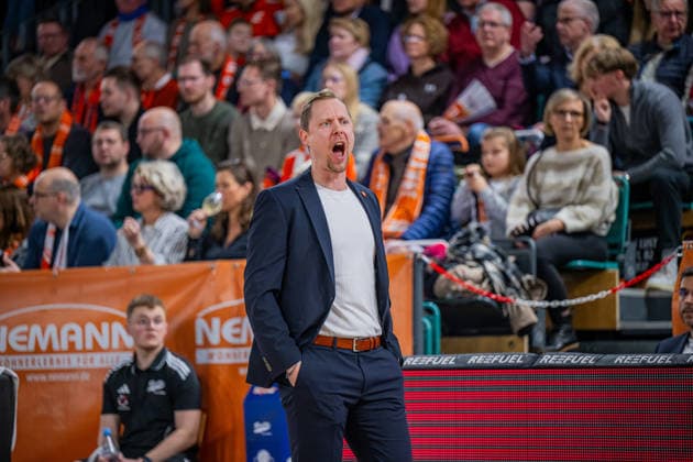 1 Basketball Bundesliga, easyCredit BBL, Season 2025 2026, Men, Main Round, Matchday 15, 11 01 2026, RASTA Vechta Fitness First Würzburg Baskets Christian Held Head Coach RASTA Vechta during the game Vechta RASTA Dome Lower Saxony Germany