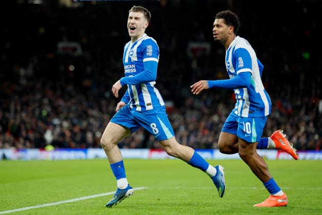 Manchester United, ManU v Brighton & Hove Albion - Emirates FA Cup Third Round Brajan Gruda and Georginio Rutter of Brighton and Hove Albion celebrate 1st goal during the Emirates FA Cup Third Round match between Manchester United and Brighton & Hove Albion on January 11, 2026 in Manchester, England. WARNING! This Photograph May Only Be Used For Newspaper And Or Magazine Editorial Purposes. May Not Be Used For Publications Involving 1 player, 1 Club Or 1 Competition Without Written Authorisation From Football DataCo Ltd. For Any Queries, Please Contact Football DataCo Ltd on +44 (0) 207 864 9121 Manchester Old Trafford England United Kingdom Copyright: xAllstarxPicturexLibraryxLtdx