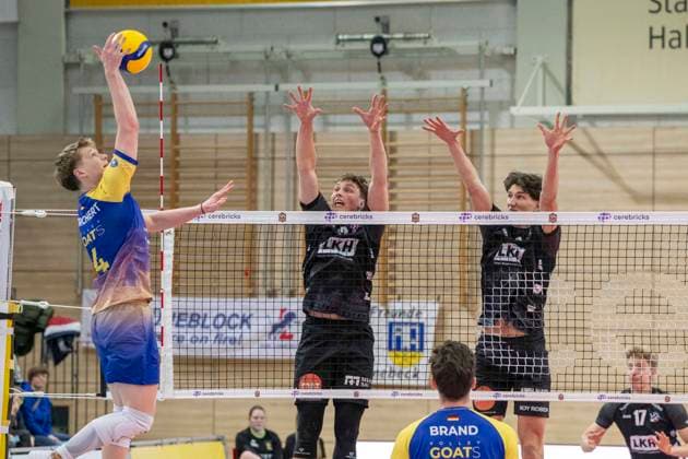 1 Volleyball Bundesliga Season 2025 2026 Cerebricks Volley Goats Mitteldeutschland vs SVG Lüneburg Halle, Germany January 11, 2026 In the picture from left Tom Borchert Bitterfeld , Santeri Vaelimaa Lueneburg and Cole Matthew Young Lueneburg Halle Saale swh Arena Sachsen Anhalt Germany
