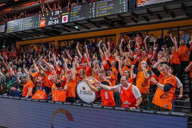 1 Basketball Bundesliga, easyCredit BBL, Season 2025 2026, Men, Main Round, 15 Matchday, 11 01 2026, RASTA Vechta Fitness First Würzburg Baskets Velcro Fanclub RASTA Vechta shows emotions during the game Vechta RASTA Dome Lower Saxony Germany