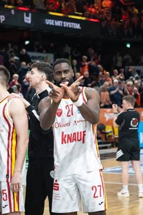 Scene with Eddy Edigin Jr 27 Würzburg Baskets and Alen Pjanic 35 Würzburg Baskets on the pitch after the win against Rasta Vechta on matchday 15 of the EasyCredit BBL Scene with Eddy Edigin Jr 27 Würzburg Baskets and Alen Pjanic 35 Würzburg Baskets Copyright: xFeyzullahxGökalp feyzofsportsx