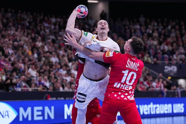 11 01 2026, xydrx, Handball, Mens international match, Germany Croatia, ZAG Arena Marko Mamic CRO 30 and Josip Simic CRO 10 in duel against Juri Knorr GER 15 Lower Saxony Germany