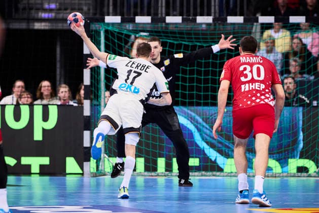 Handball mens national match Germany Croatia on 11 01 2026, 7 meter throw by Lukas Zerbe 17 Germany Hanover ZAG arena Lower Saxony Germany