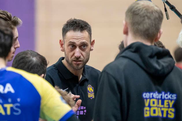 1 Volleyball Bundesliga Season 2025 2026 Cerebricks Volley Goats Mitteldeutschland vs SVG Lüneburg Halle, Germany 11 January 2026 Pictured center Coach Christian Imhoff Bitterfeld Halle Saale swh Arena Sachsen Anhalt Germany