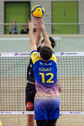 1 Volleyball Bundesliga Season 2025 2026 Cerebricks Volley Goats Mitteldeutschland vs SVG Lüneburg Halle, Germany January 11, 2026 In the picture from left Ethan Champlin Lueneburg and Paul Klimm Bitterfeld Halle Saale swh Arena Sachsen Anhalt Germany