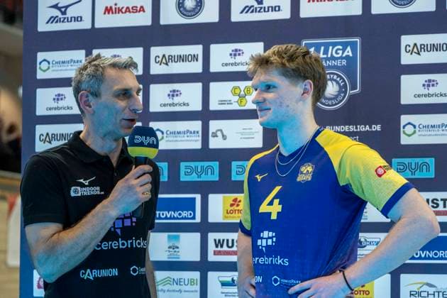 1 Volleyball Bundesliga Season 2025 2026 Cerebricks Volley Goats Mitteldeutschland vs SVG Lüneburg Halle, Germany January 11, 2026 In the picture v re Tom Borchert Bitterfeld in an interview Halle Saale swh Arena Sachsen Anhalt Germany