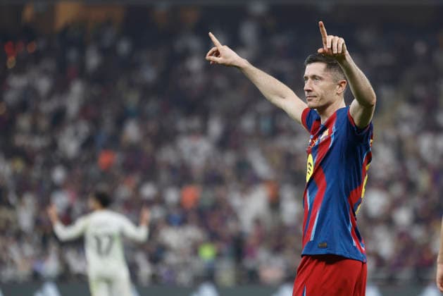 FC Barcelona, Barca striker Robert Lewandowski celebrates after scoring the 2-1 goal during the Spanish Super Cup final between FC Barcelona and Real Madrid, at King Abdullah Sports City stadium in Jeddah, Saudi Arabia, 11 January 2026. Super Cup of Spain Final. FC Barcelona vs Real Madrid !ACHTUNG: NUR REDAKTIONELLE NUTZUNG!  Copyright: xKaixFörsterlingx GRAF6437 20260111-55019034542_1
