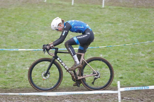 11 01 2026 German Cyclo-cross Championship Bensheim German Cyclo-cross Championship 2026 here race U23w center Kaija BUDDE Nr 21 Bikes by Coreg at the finish 2nd place Bensheim Hessen Germany