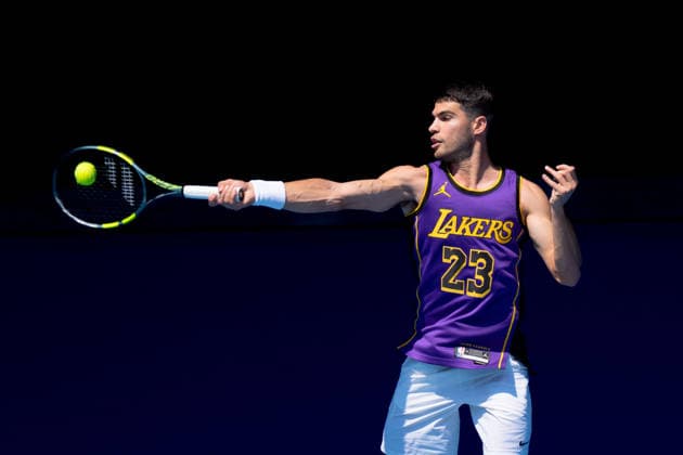 January 12, 2026: CARLOS ALCARAZ of Spain practises on Rod Laver Arena ahead of the 2026 Australian Open in Melbourne, Australia. Cal Media Melbourne Australia - ZUMAc04_ 20260112_faf_c04_001 Copyright: xSydneyxLowx