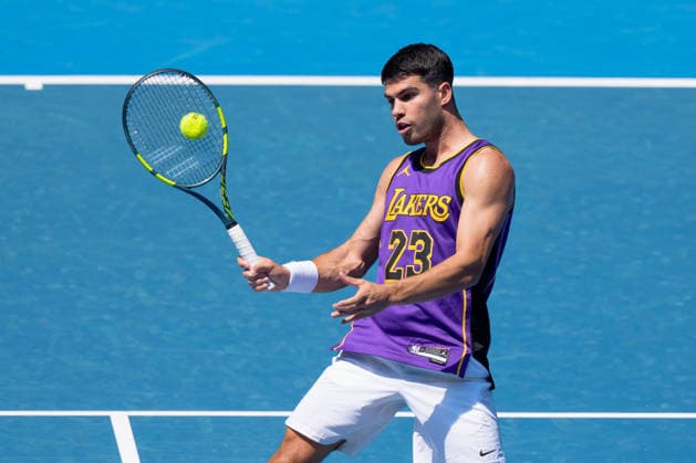 January 12, 2026: CARLOS ALCARAZ of Spain practises on Rod Laver Arena ahead of the 2026 Australian Open in Melbourne, Australia. Cal Media Melbourne Australia - ZUMAc04_ 20260112_faf_c04_008 Copyright: xSydneyxLowx