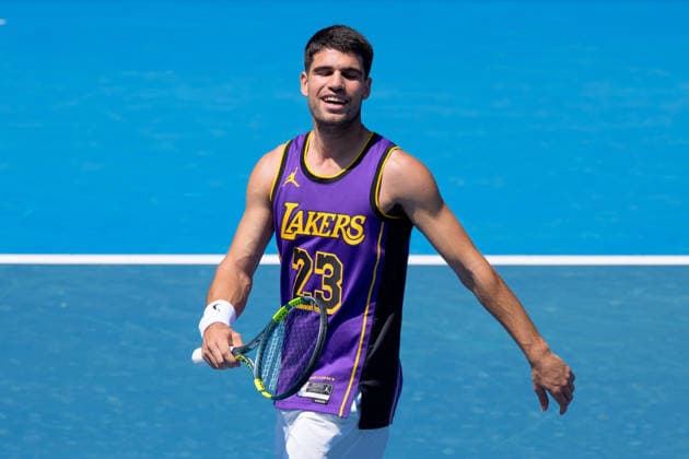 January 12, 2026: CARLOS ALCARAZ of Spain practises on Rod Laver Arena ahead of the 2026 Australian Open in Melbourne, Australia. Cal Media Melbourne Australia - ZUMAc04_ 20260112_faf_c04_013 Copyright: xSydneyxLowx