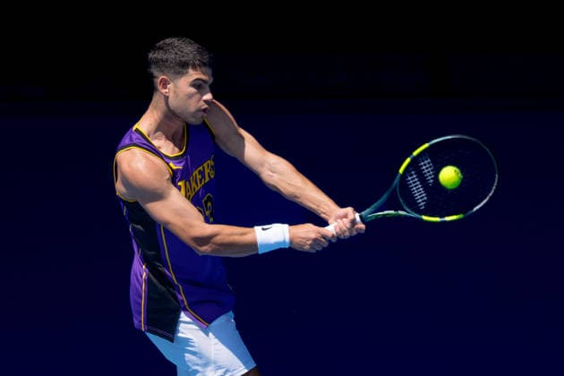 January 12, 2026: CARLOS ALCARAZ of Spain practises on Rod Laver Arena ahead of the 2026 Australian Open in Melbourne, Australia. Cal Media Melbourne Australia - ZUMAc04_ 20260112_faf_c04_014 Copyright: xSydneyxLowx